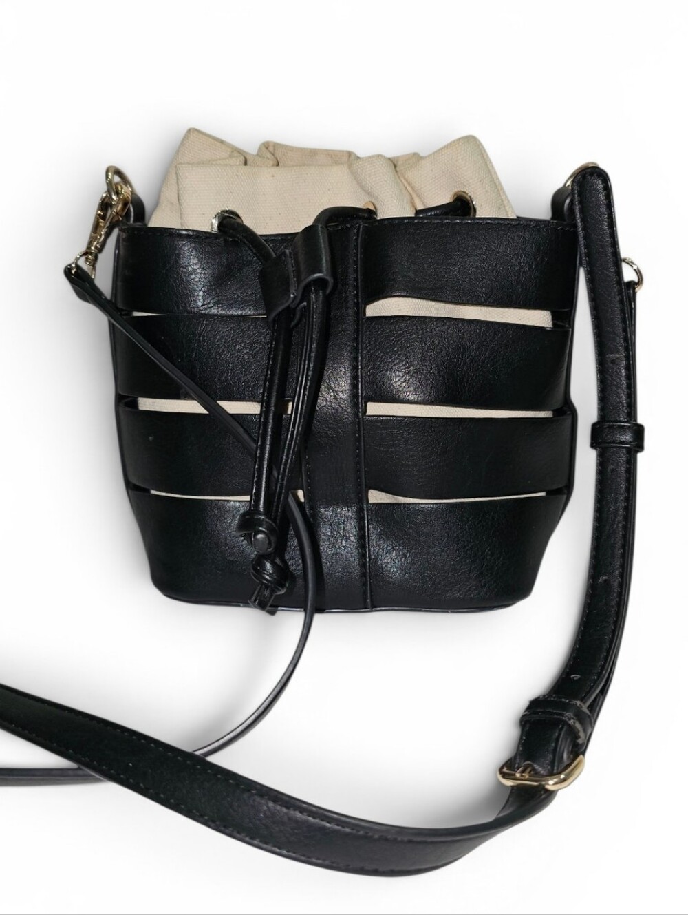 Black Faux Leather Woven Bucket Bag with Cream Inner Pouch